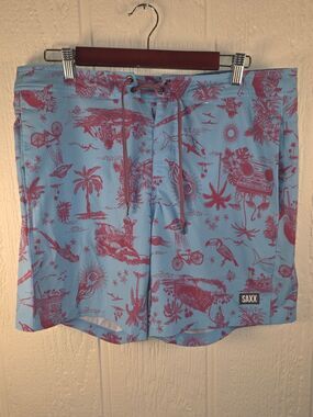 Men's Saxx Light Blue Swim Board Shorts with Pink Print, Size XL